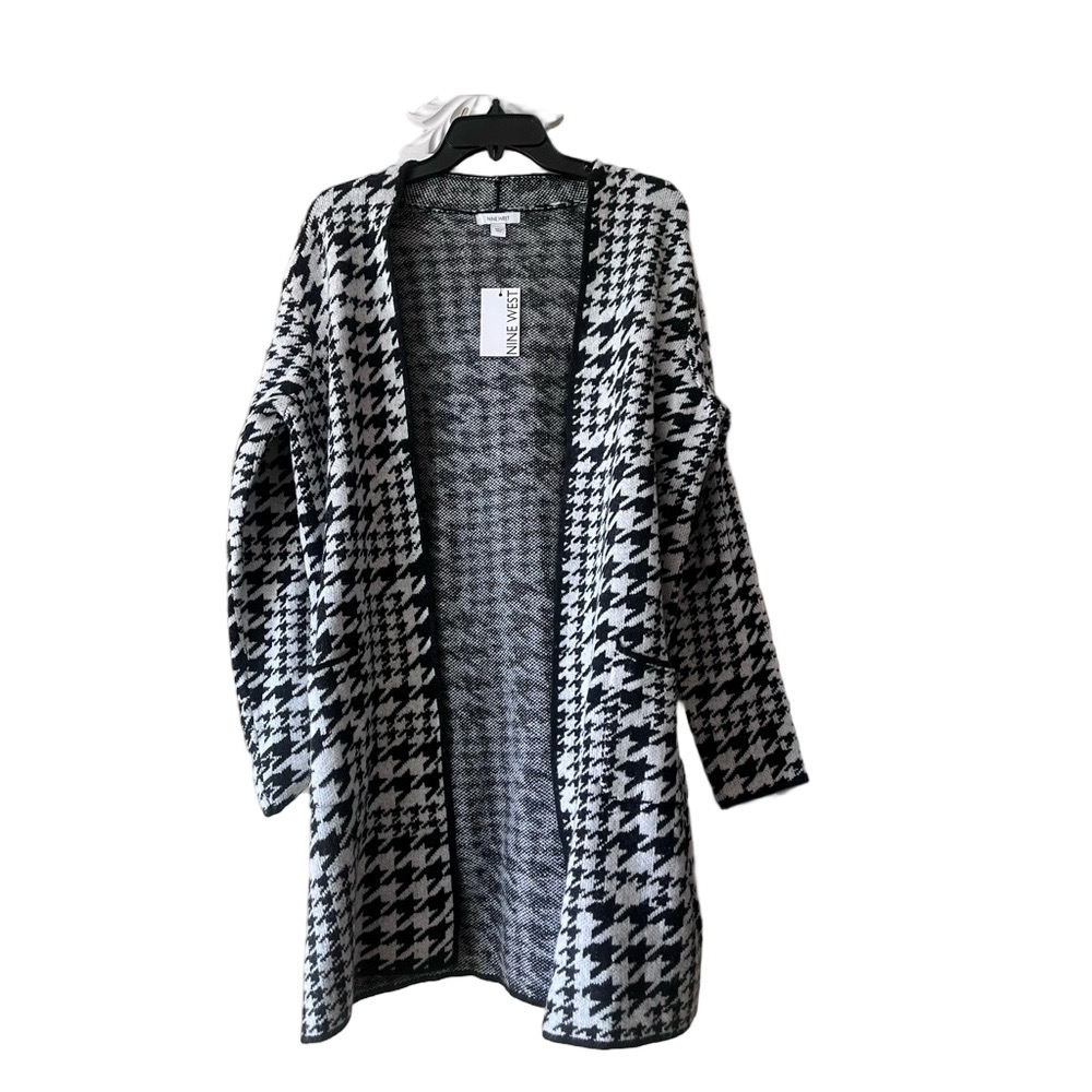 Nine West Black & White Houndstooth Open-Front Cardigan - Picture 2 of 7